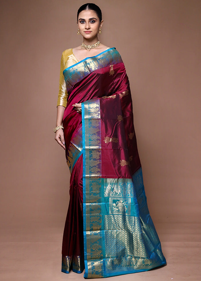 Maroon Handloom Kanjivaram Pure Silk Saree With Blouse Piece Clearance Clearance