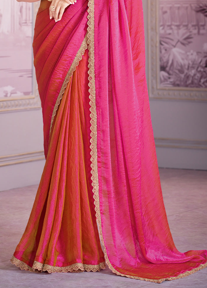 Pink Chiffon Silk Saree With Blouse Piece 100% Authentic For Sale