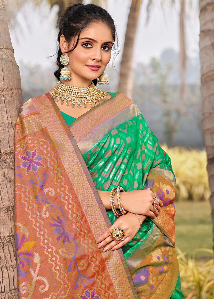 Green Spun Silk Saree With Blouse Piece Discount Cheap