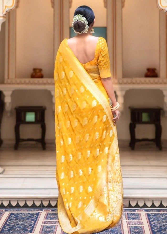 Yellow Banarasi Silk Saree With Blouse Piece Cheap Sale Pay With Paypal