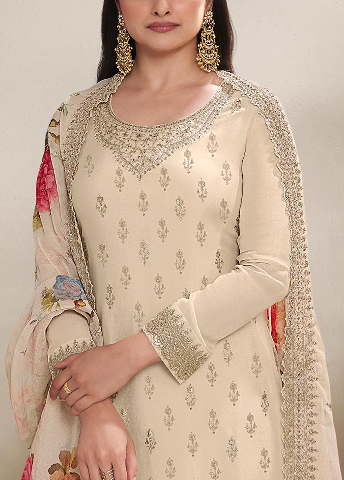 3 Pc Cream Semi Stitched Viscose Suit Set Pay With Paypal Online