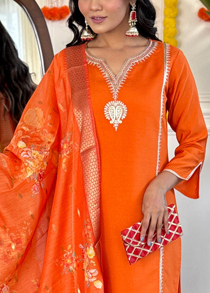 3 Pc Orange Readymade Viscose Dupatta Suit Set Buy Cheap Clearance