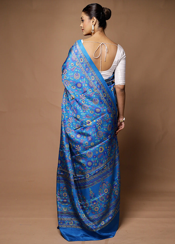 Blue Printed Pure Silk Saree Without Blouse Piece Sale Classic