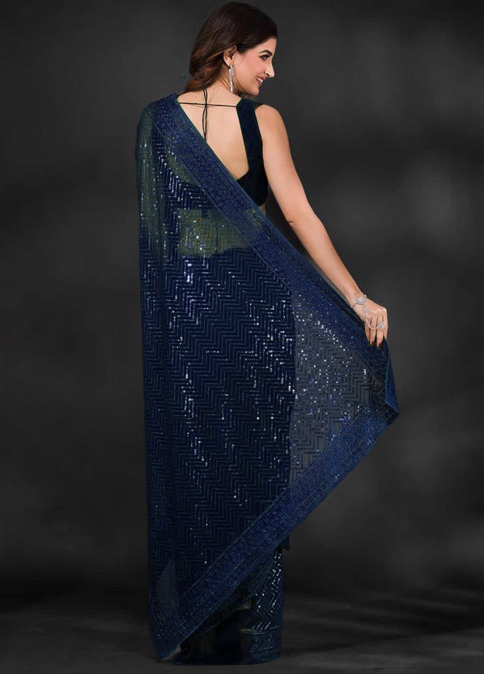 Navy Blue Georgette Saree With Blouse Piece Cheap Cost