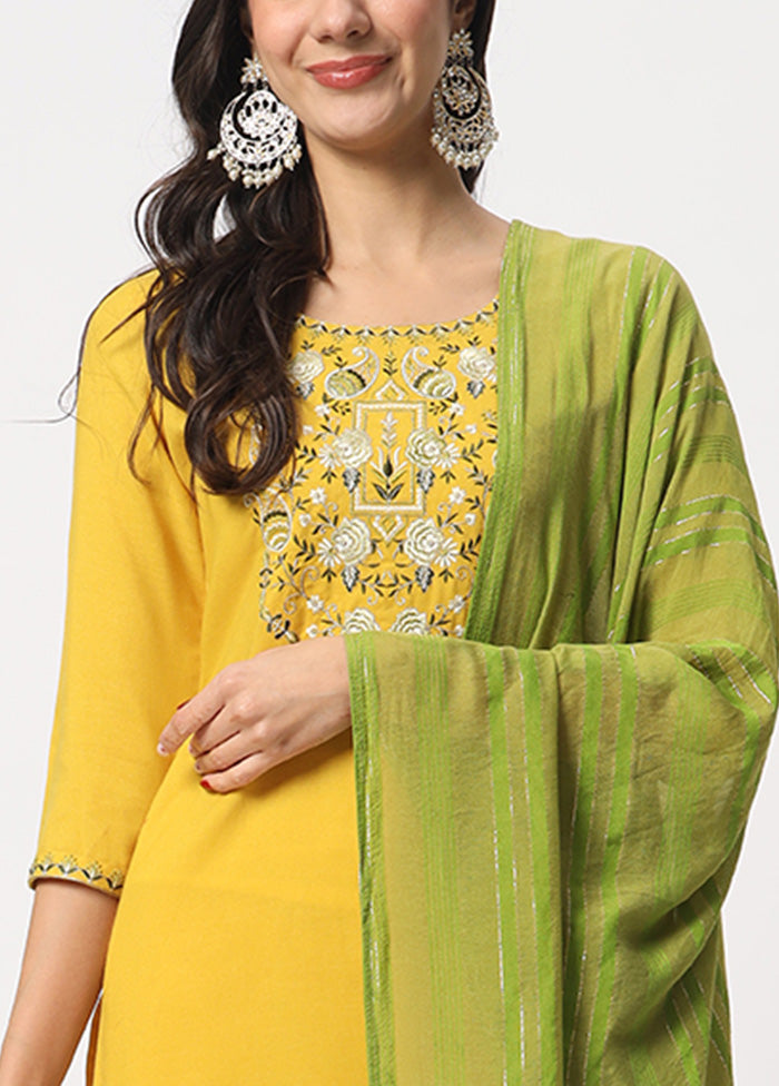 3 Pc Yellow Readymade Cotton Dupatta Suit Set Professional Online