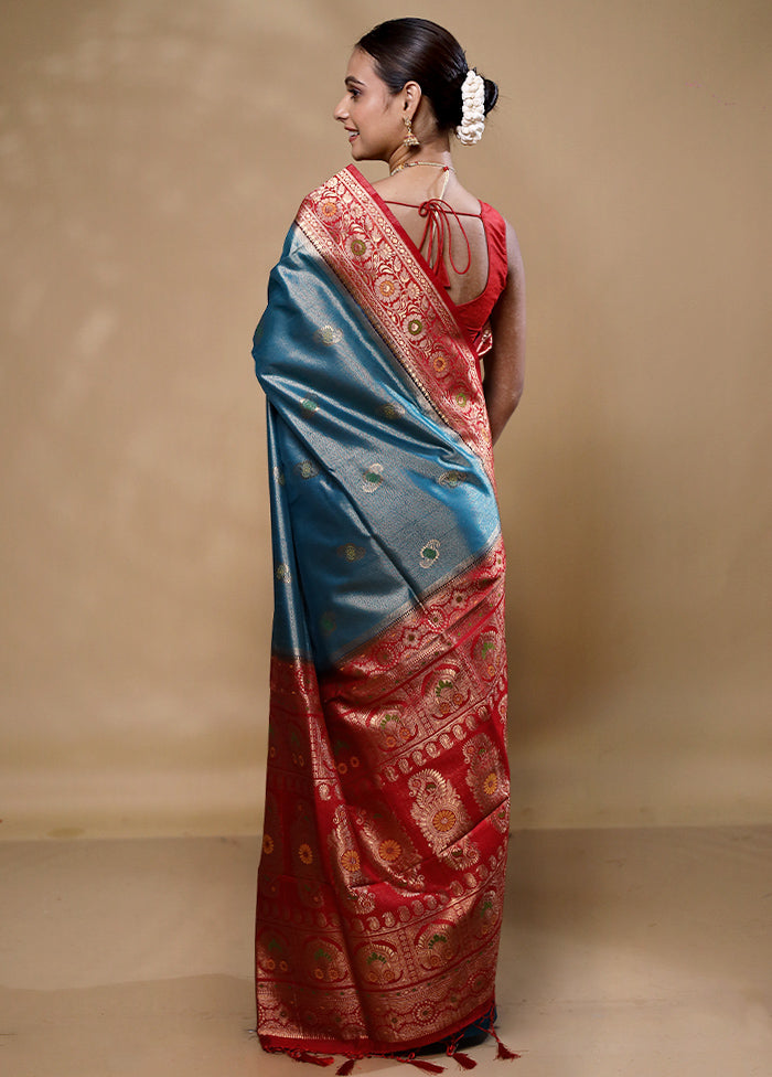 Blue Dupion Silk Saree With Blouse Piece Clearance Store Cheap Online