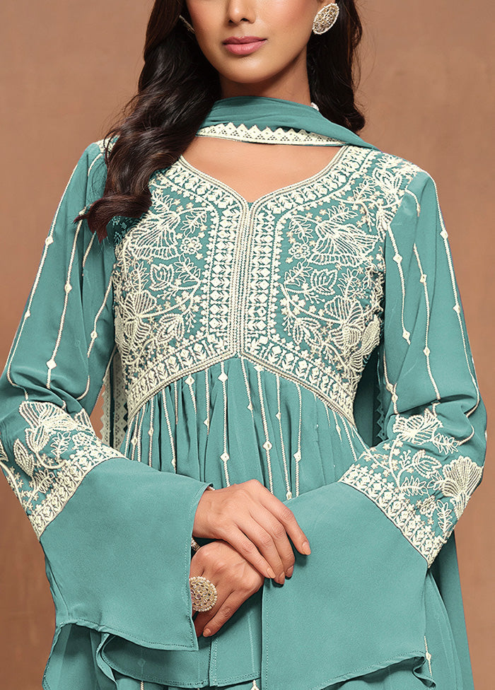 3 Pc Sky Blue Semi Stitched Georgette Suit Set Excellent Sale Online