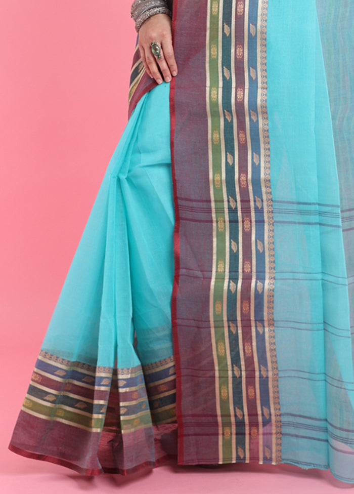 Sea Green Cotton Woven Work Saree Without Blouse Piece Sale Fast Delivery