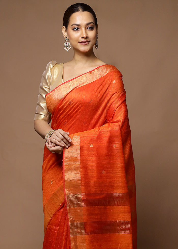 Orange Handloom Matka Pure Silk Saree With Blouse Piece Clearance For Cheap