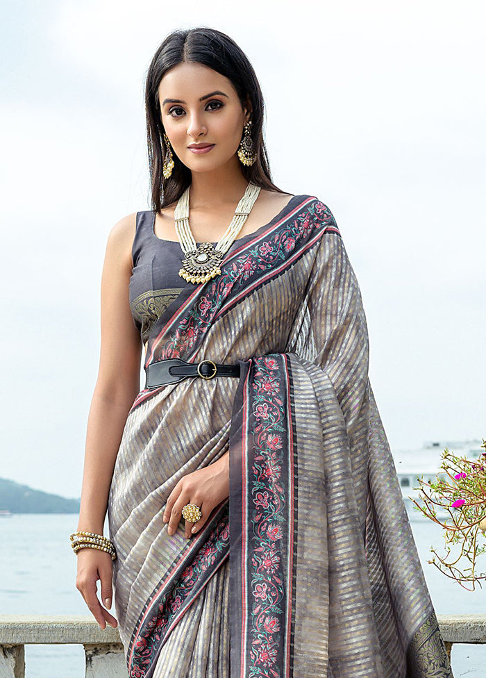 Grey Spun Silk Saree With Blouse Piece Outlet Pay With Paypal