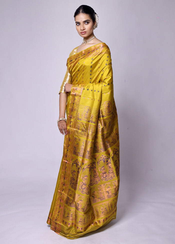 Yellow Handloom Baluchari Pure Silk Saree With Blouse Piece Cheap Sale Wiki