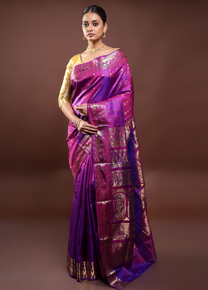 Purple Handloom Baluchari Pure Silk Saree With Blouse Piece For Nice For Sale