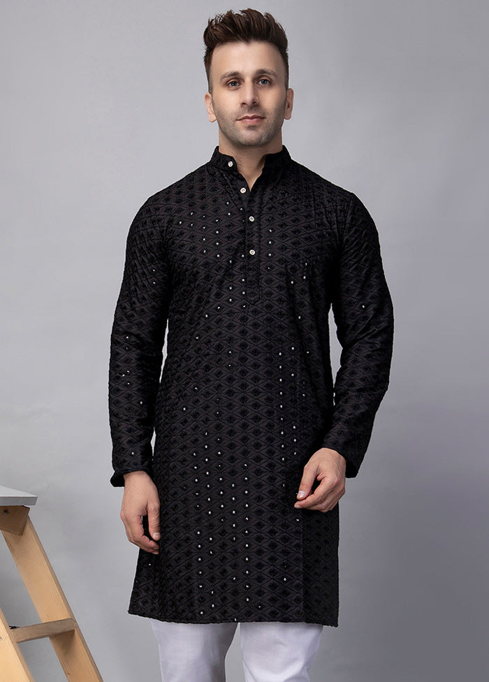 2 Pc Black Viscose Kurta Pajama Set Cheap New Styles