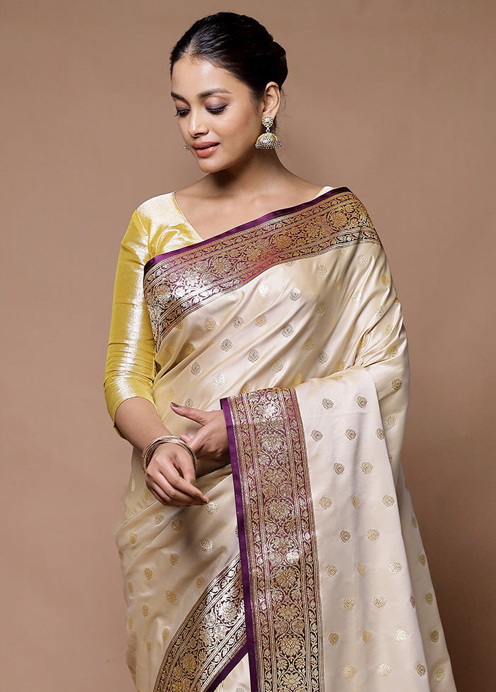 Cream Banarasi Silk Saree With Blouse Piece Cheap Sale Perfect