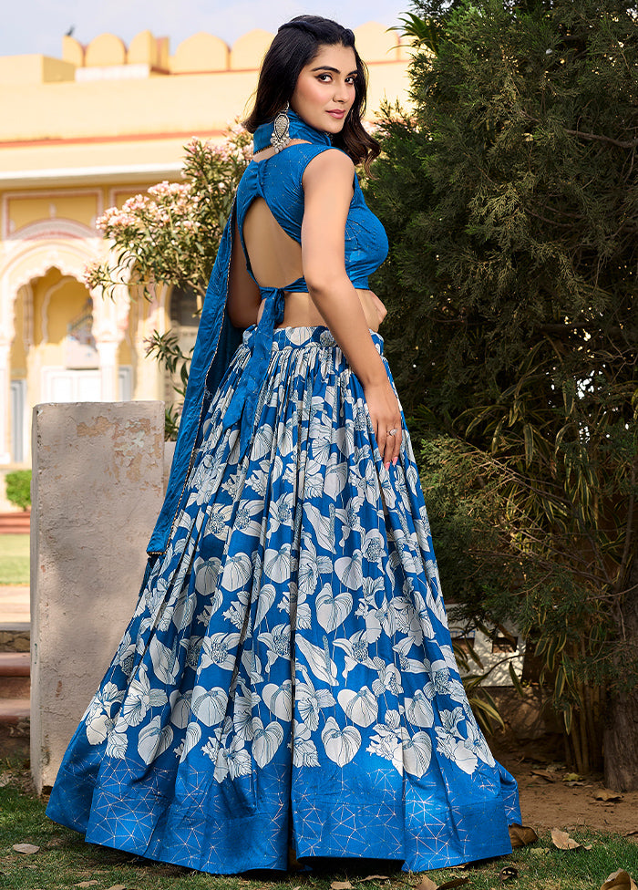 3 Pc Blue Silk Semi Stitched Lehenga Set Sale Classic