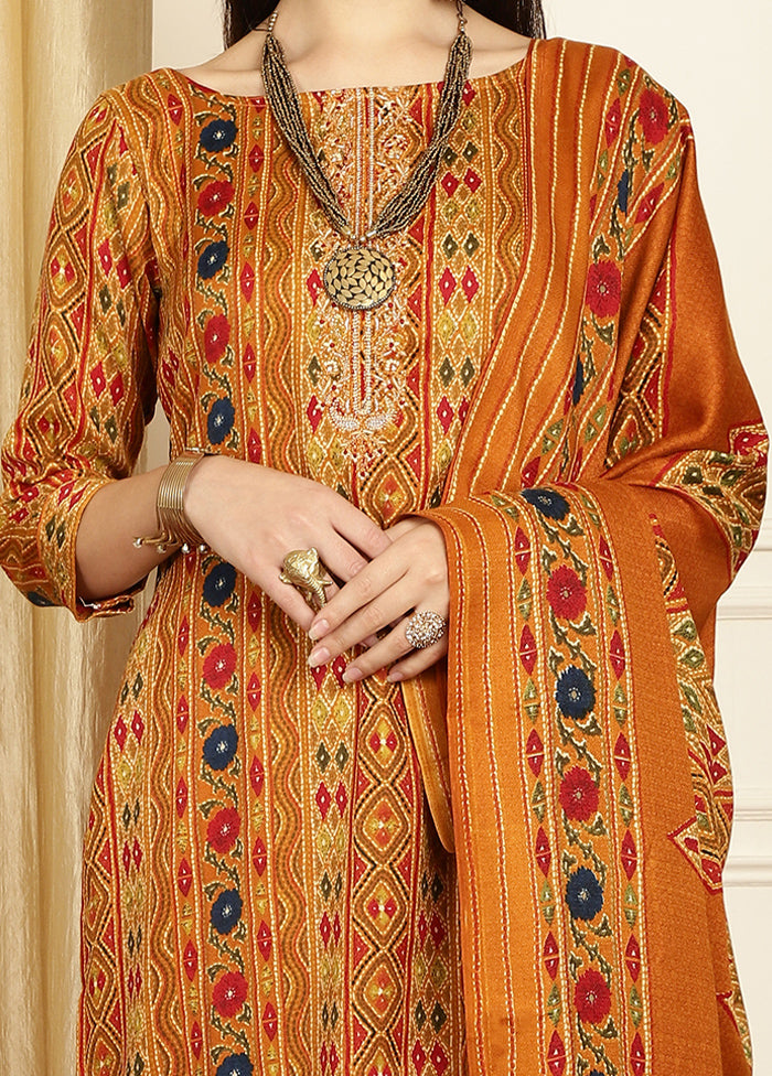 3 Pc Mustard Unstitched Pashmina Suit Set Discount