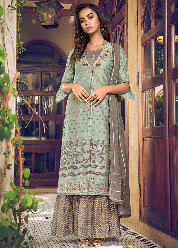 3 Pc Green Semi Stitched Chanderi Suit Set Brand New Unisex