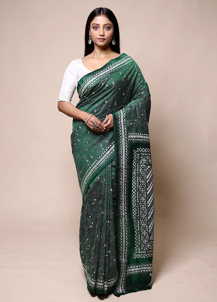 Green Handloom Kantha Stitch Pure Silk Saree With Blouse Piece Big Discount Online