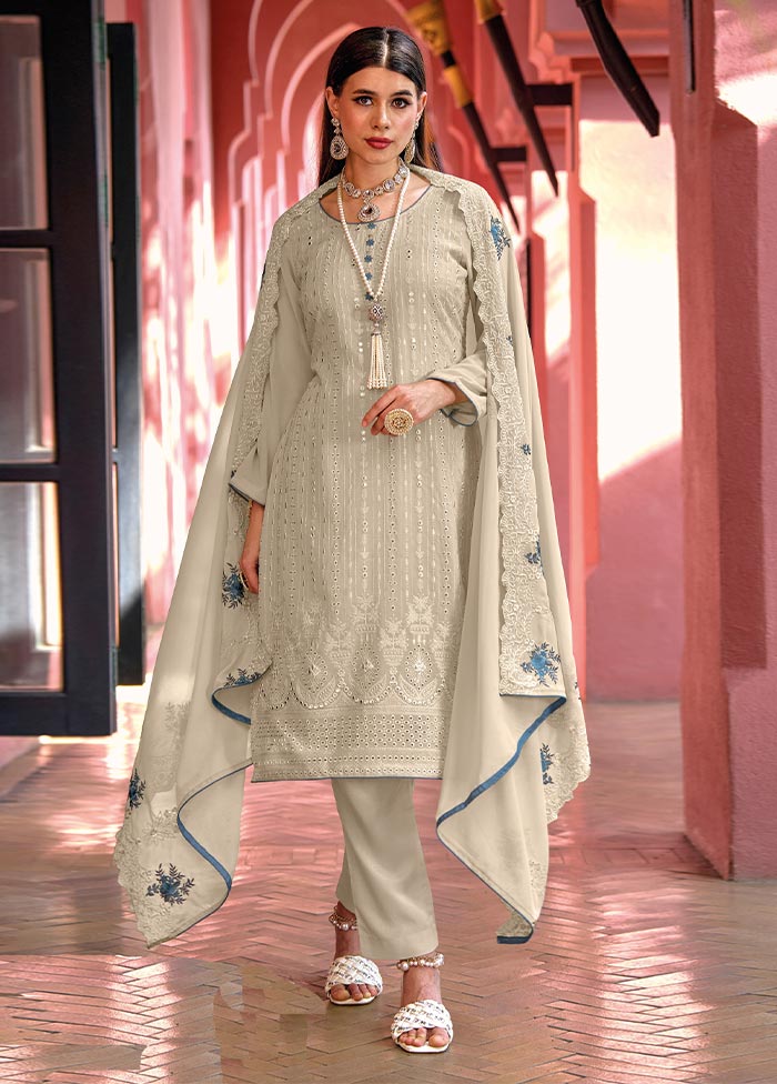 3 Pc Cream Semi Stitched Georgette Suit Set Cheap Purchase