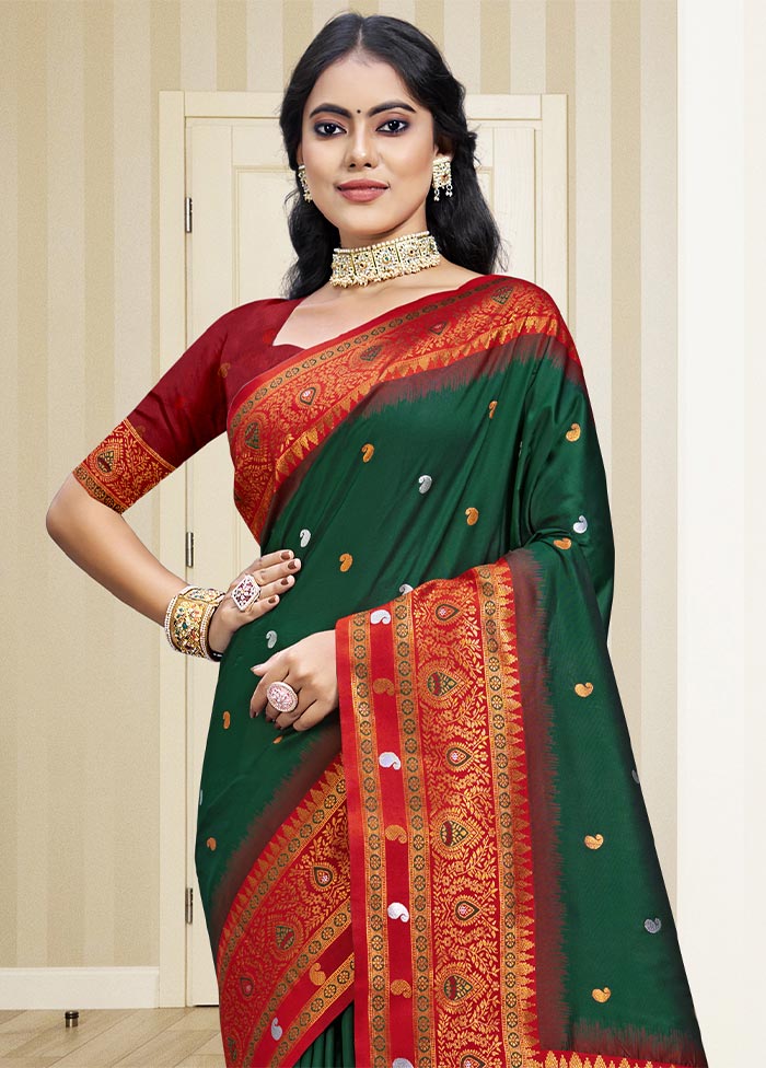 Bottle Green Dupion Silk Saree With Blouse Piece Cheap Original