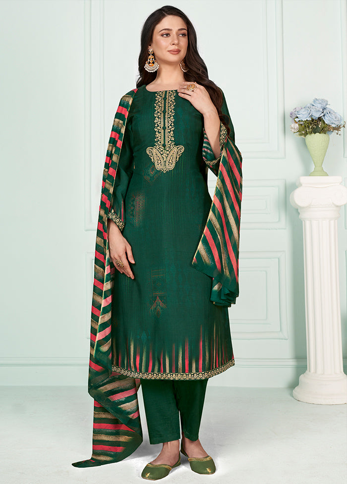 3 Pc Green Unstitched Silk Suit Set Hot Sale