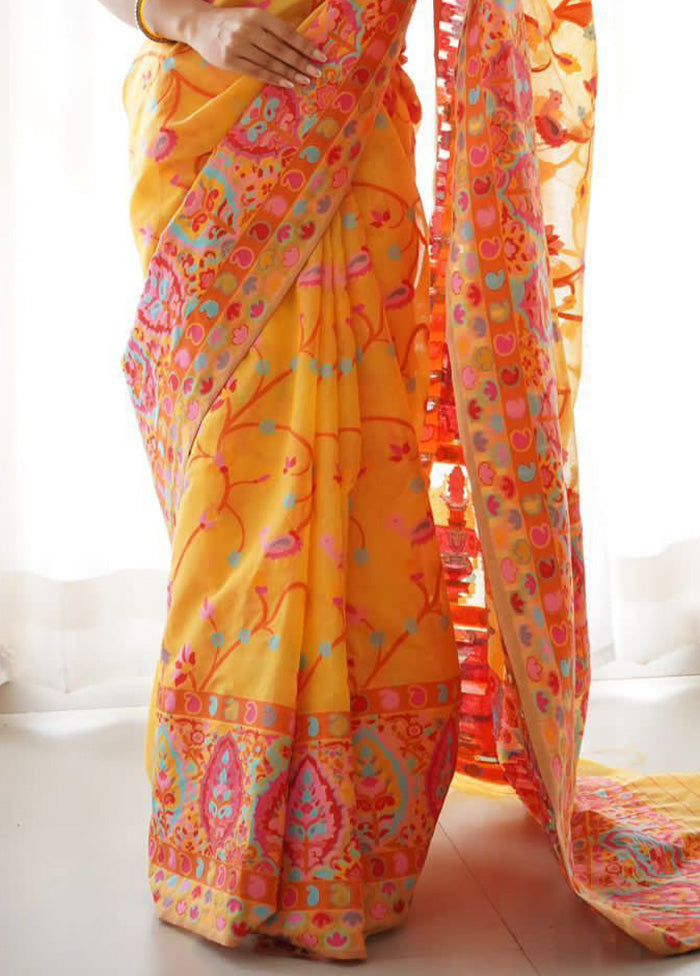 Yellow Banarasi Silk Saree With Blouse Piece Sale Geniue Stockist