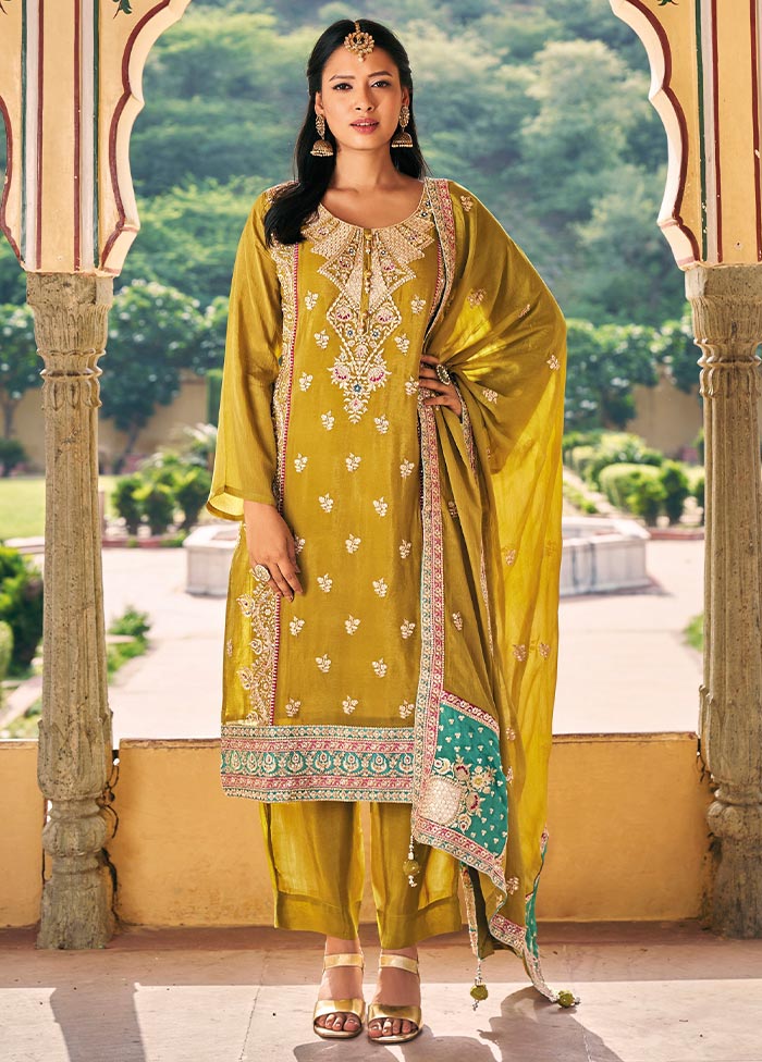 3 Pc Yellow Semi Stitched Silk Suit Set Outlet Low Pice