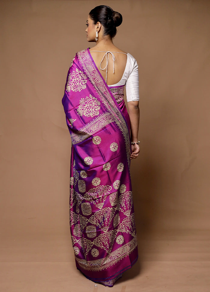 Purple Printed Pure Silk Saree Without Blouse Piece Sale 100% Guaranteed