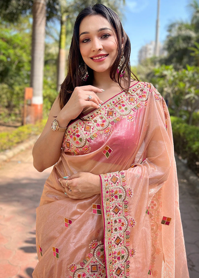 Peach Spun Silk Saree With Blouse Piece Buy Cheap Sast