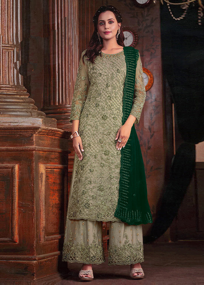 3 Pc Pista Green Semi Stitched Net Suit Set Clearance Online Fake