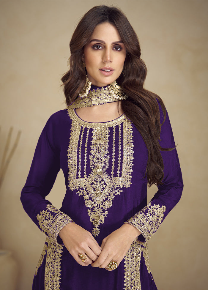 3 Pc Purple Semi Stitched Georgette Suit Set Outlet 2025 Unisex