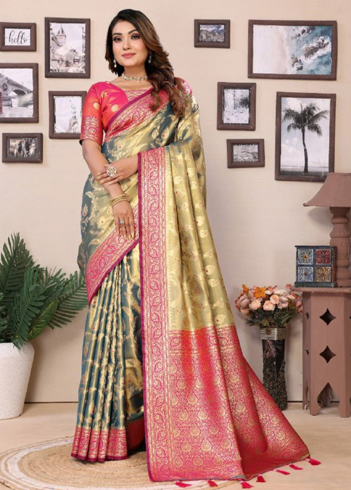 Green Spun Silk Saree With Blouse Piece Cheap Sale Huge Surprise