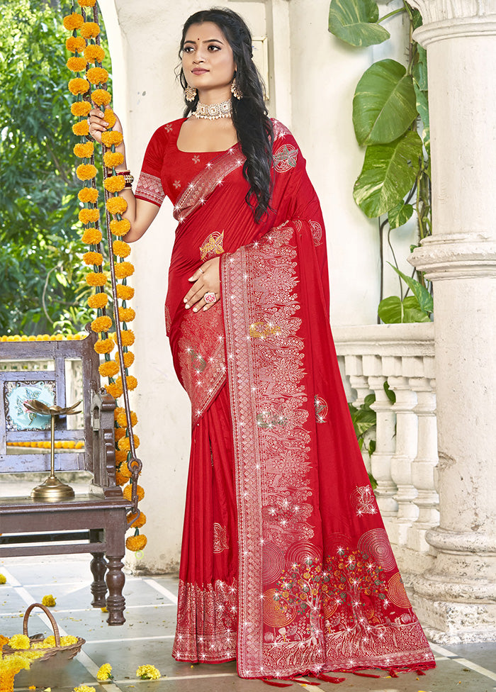 Red Spun Silk Saree With Blouse Piece Cheap Sale Get Authentic