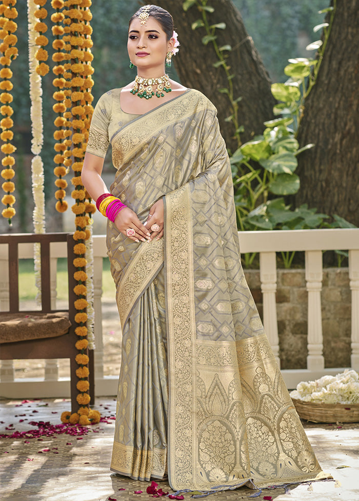 Grey Satin Silk Saree With Blouse Piece Many Kinds Of Online