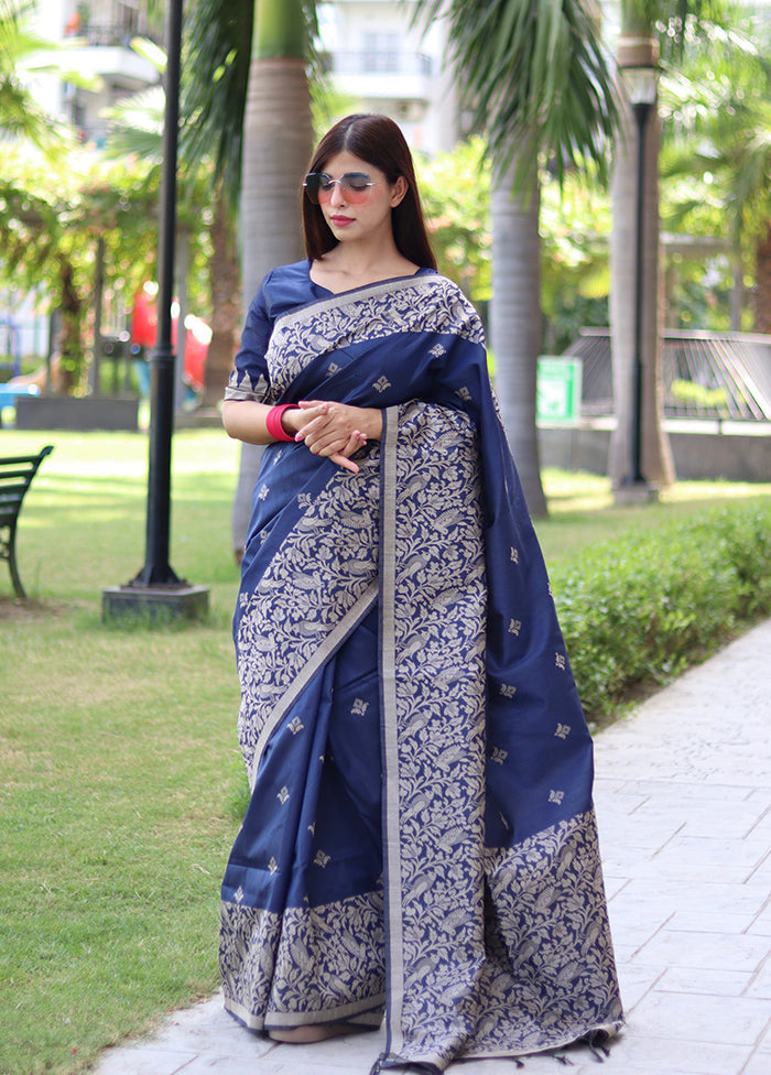 Navy Blue Spun Silk Saree With Blouse Piece Popular Sale Online