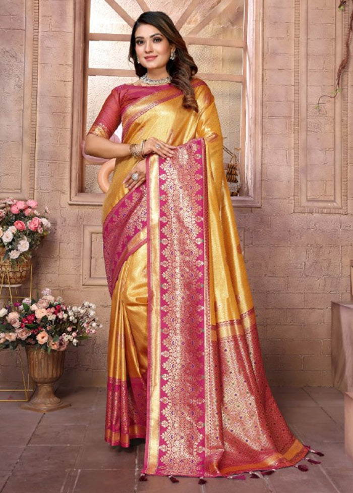 Yellow Banarasi Silk Saree With Blouse Piece Free Shipping 100% Original