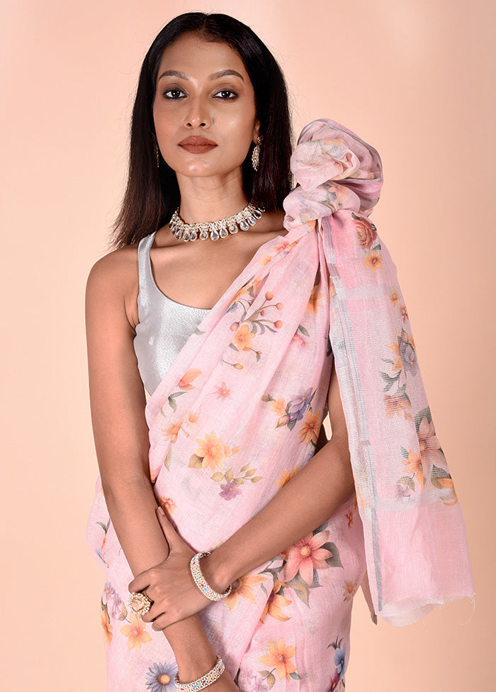 Pink Linen Silk Saree With Blouse Piece Clearance Free Shipping