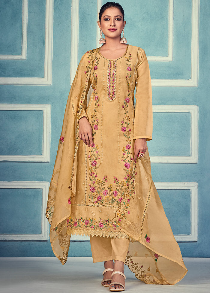 3 Pc Yellow Unstitched Net Suit Set For Cheap