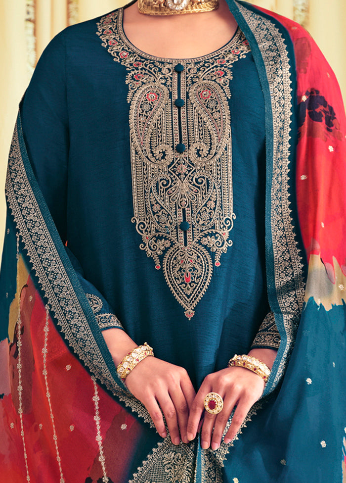 3 Pc Navy Blue Unstitched Pure Silk Suit Set Good Selling Sale Online