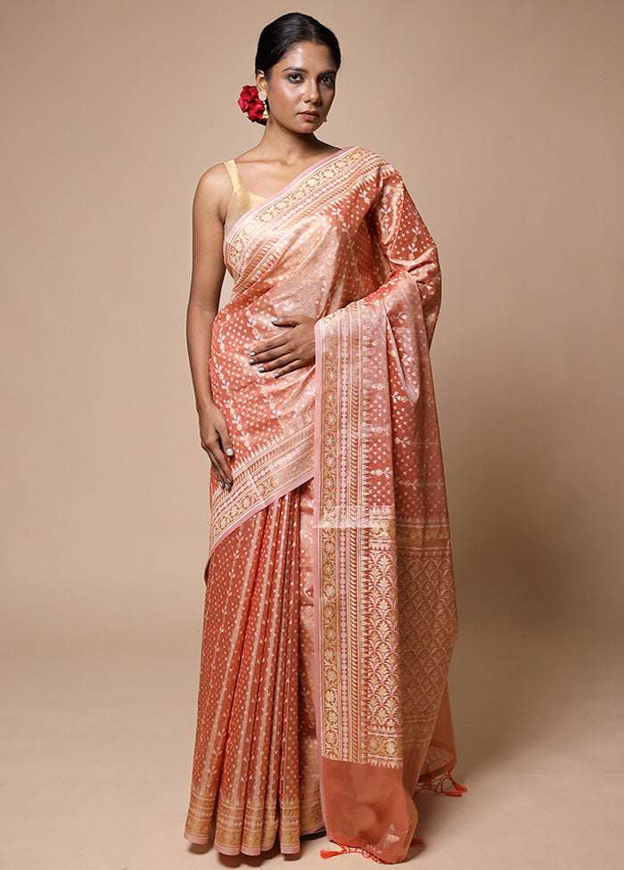 Peach Tissue Silk Saree With Blouse Piece Get Authentic Sale Online