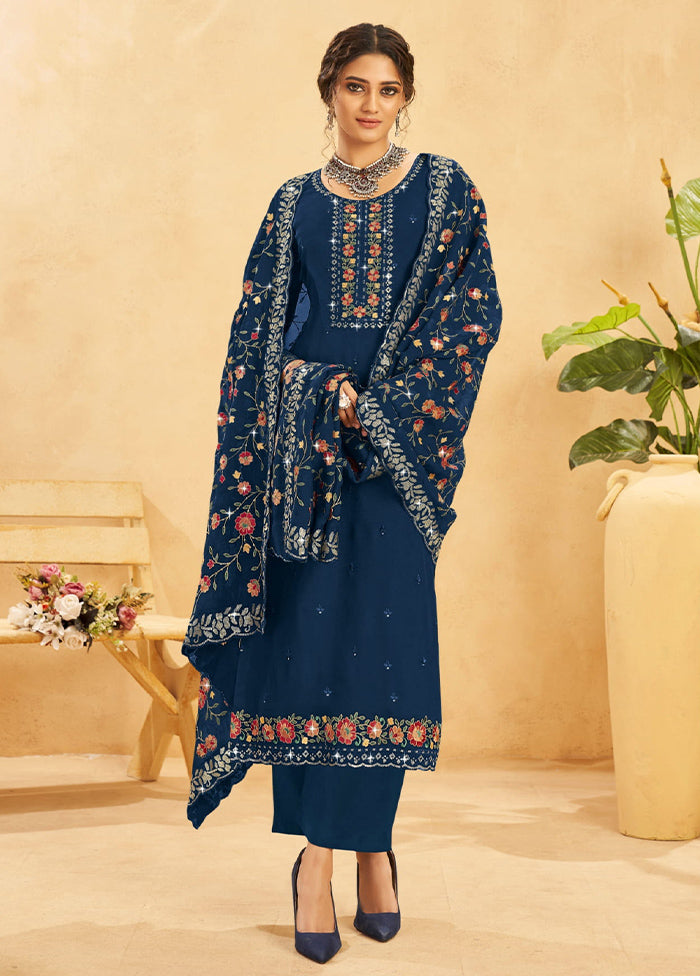 3 Pc Navy Blue Semi Stitched Real Organza Suit Set Popular Sale Online