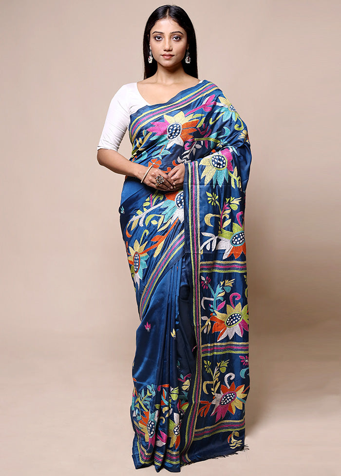 Blue Kantha Stitch Silk Saree With Blouse Piece Free Shipping View