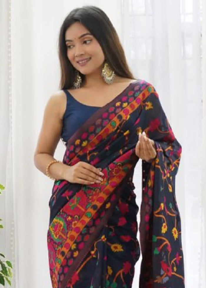 Navy Blue Banarasi Silk Saree With Blouse Piece Cheap Sale Wiki