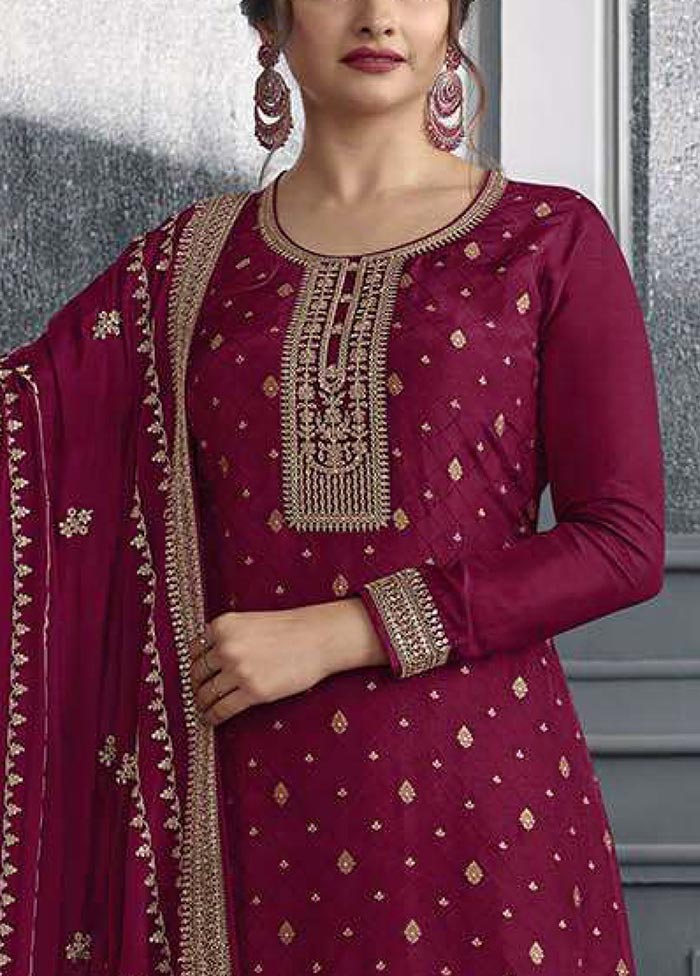 3 Pc Magenta Semi Stitched Silk Suit Set Best Wholesale For Sale