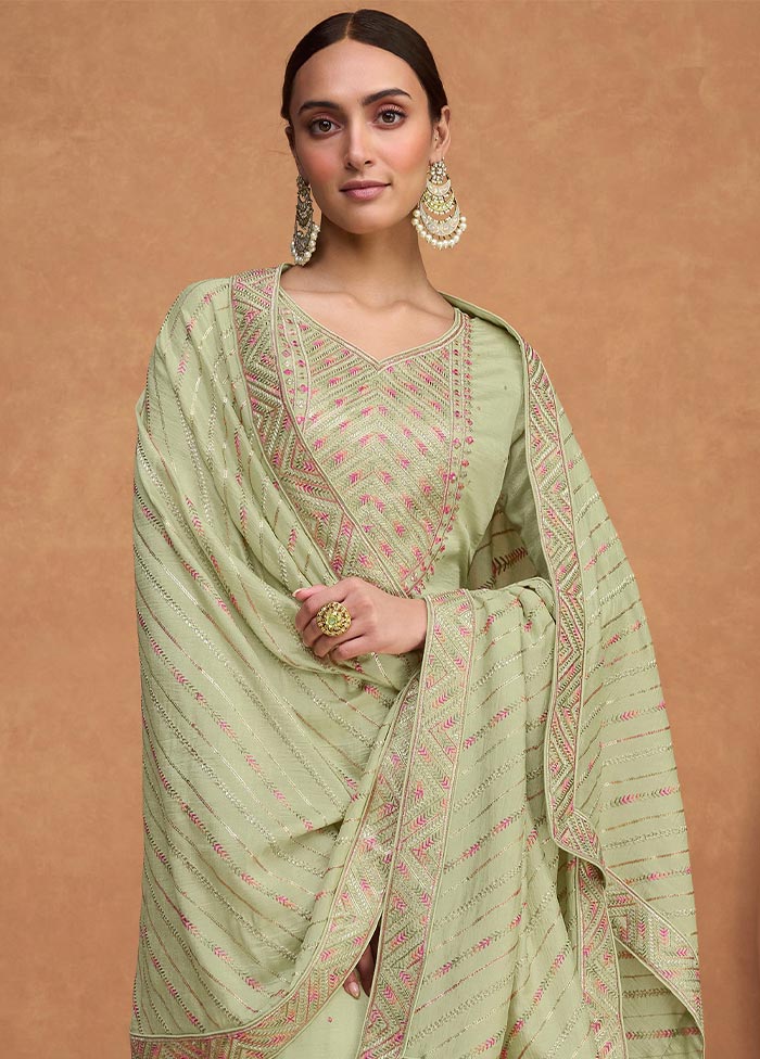 3 Pc Pista Green Semi Stitched Silk Suit Set For Cheap Sale Online