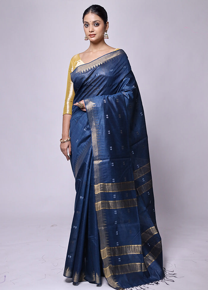 Blue Tussar Silk Saree With Blouse Piece Limited Edition Sale Online