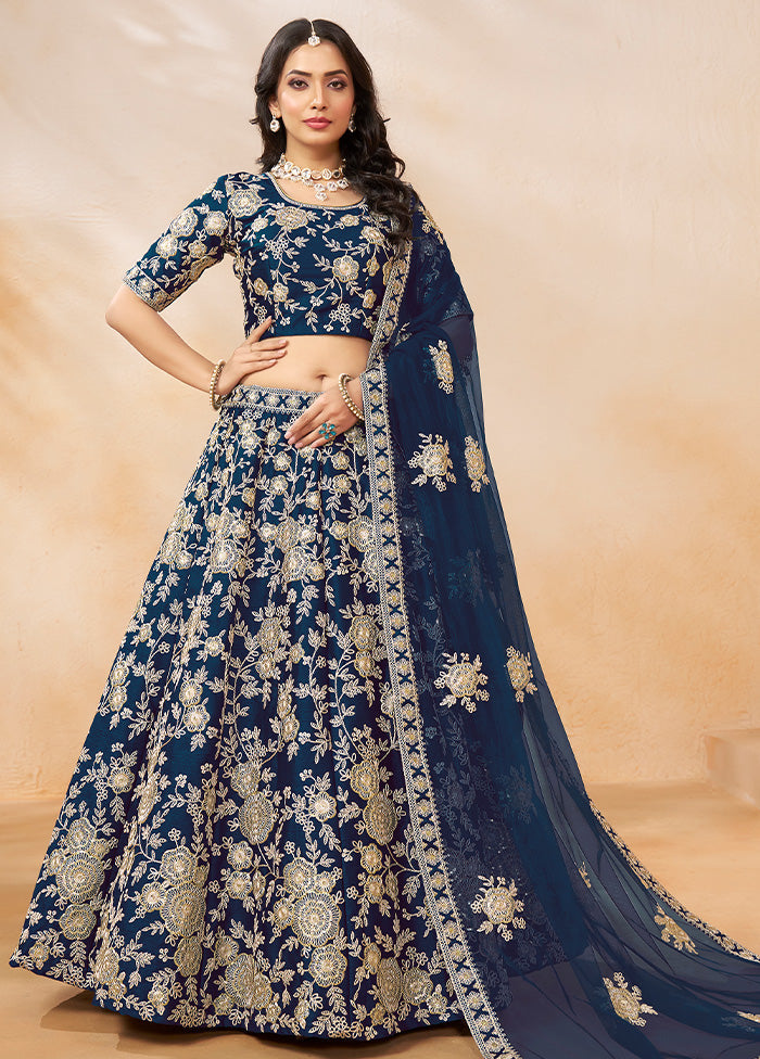 3 Pc Blue Silk Semi Stitched Lehenga Set Buy Cheap Inexpensive