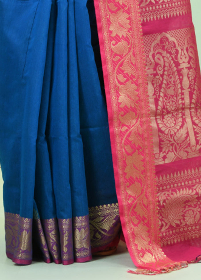 Blue Pure Cotton Saree With Blouse Piece Cheap Pice Top Quality