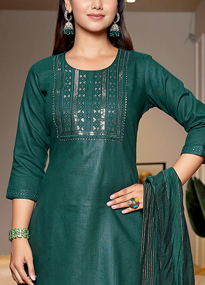 3 Pc Bottle Green Readymade Cotton Suit Set Visit Online