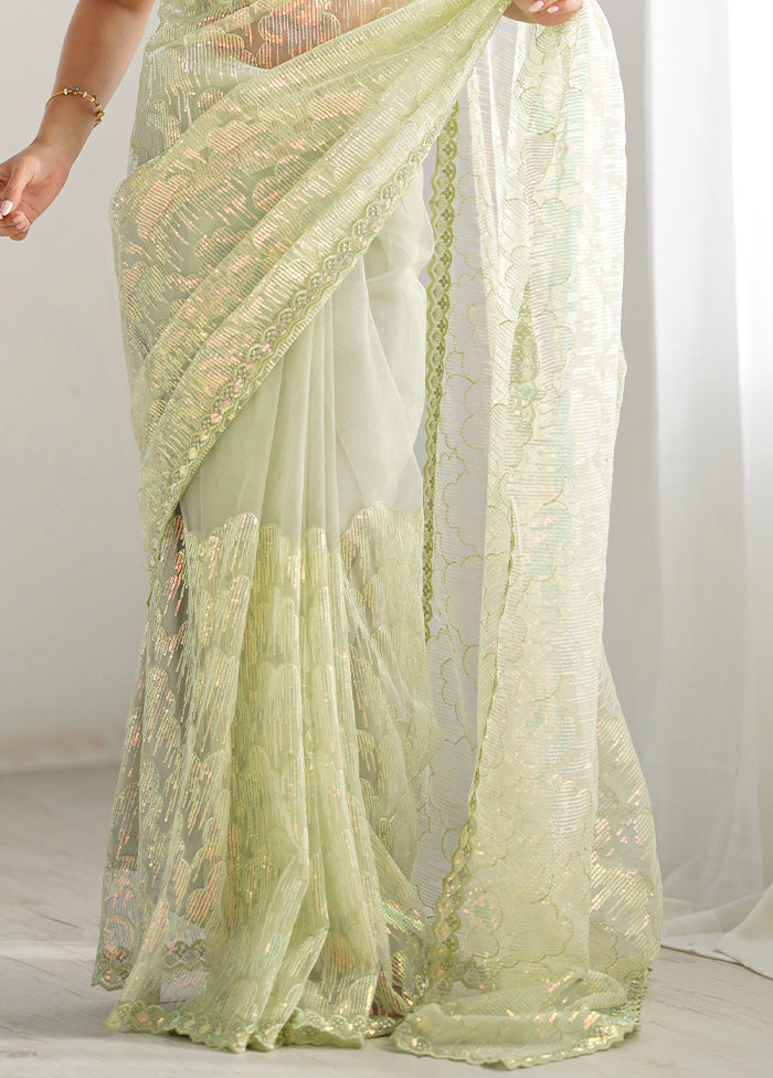 Pista Green Net Net Saree With Blouse Piece Sale Cheap Pices